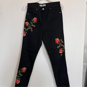 Topshop Black Jeans with Red Floral Embroidery